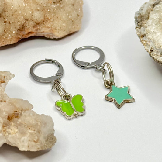 Silver Star and Butterfly Charm Huggie Earrings