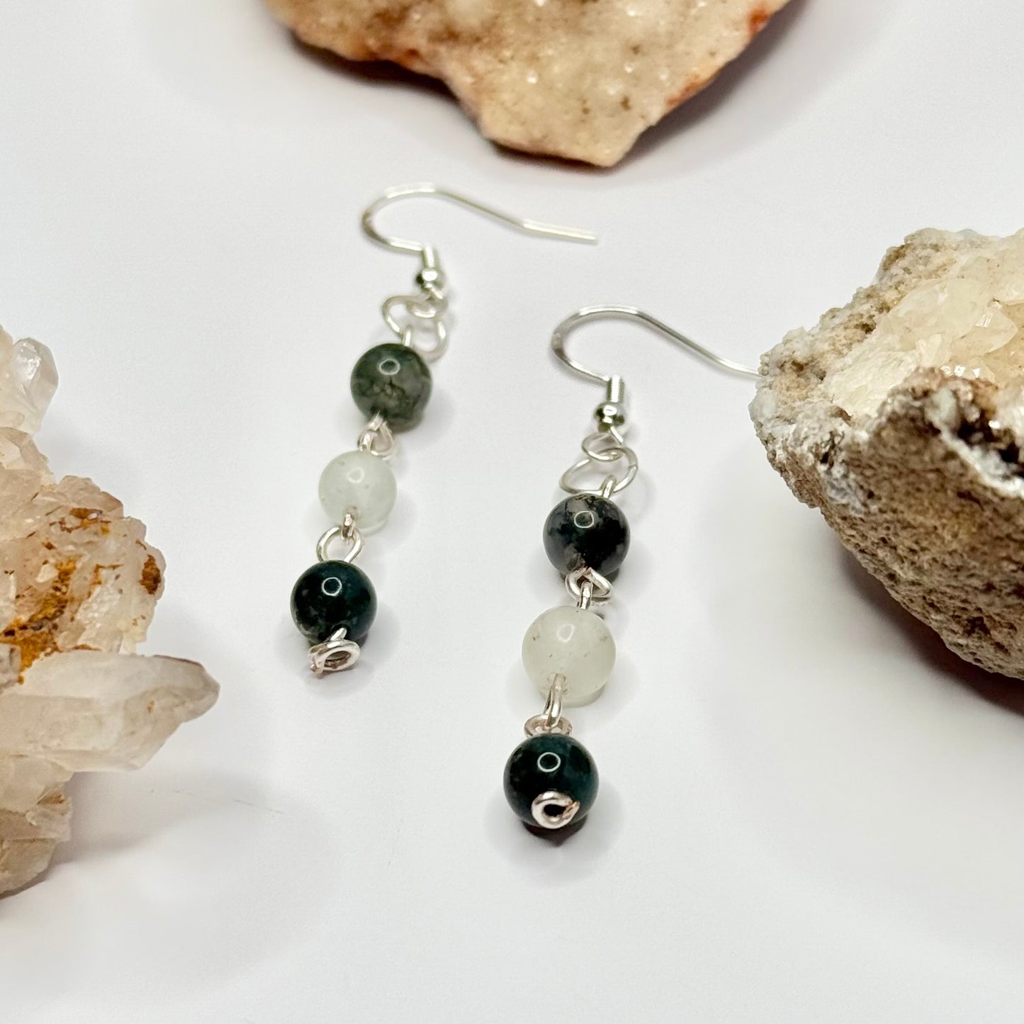 Sterling Silver Moss Agate and Fluorite Earrings