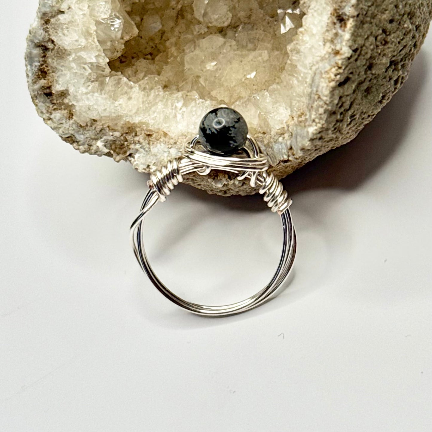 Silver Snowflake Obsidian Ring