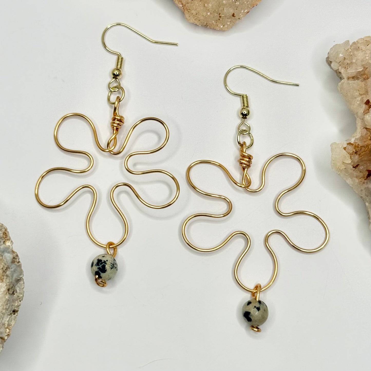 Gold Dalmatian Jasper Flower Earrings