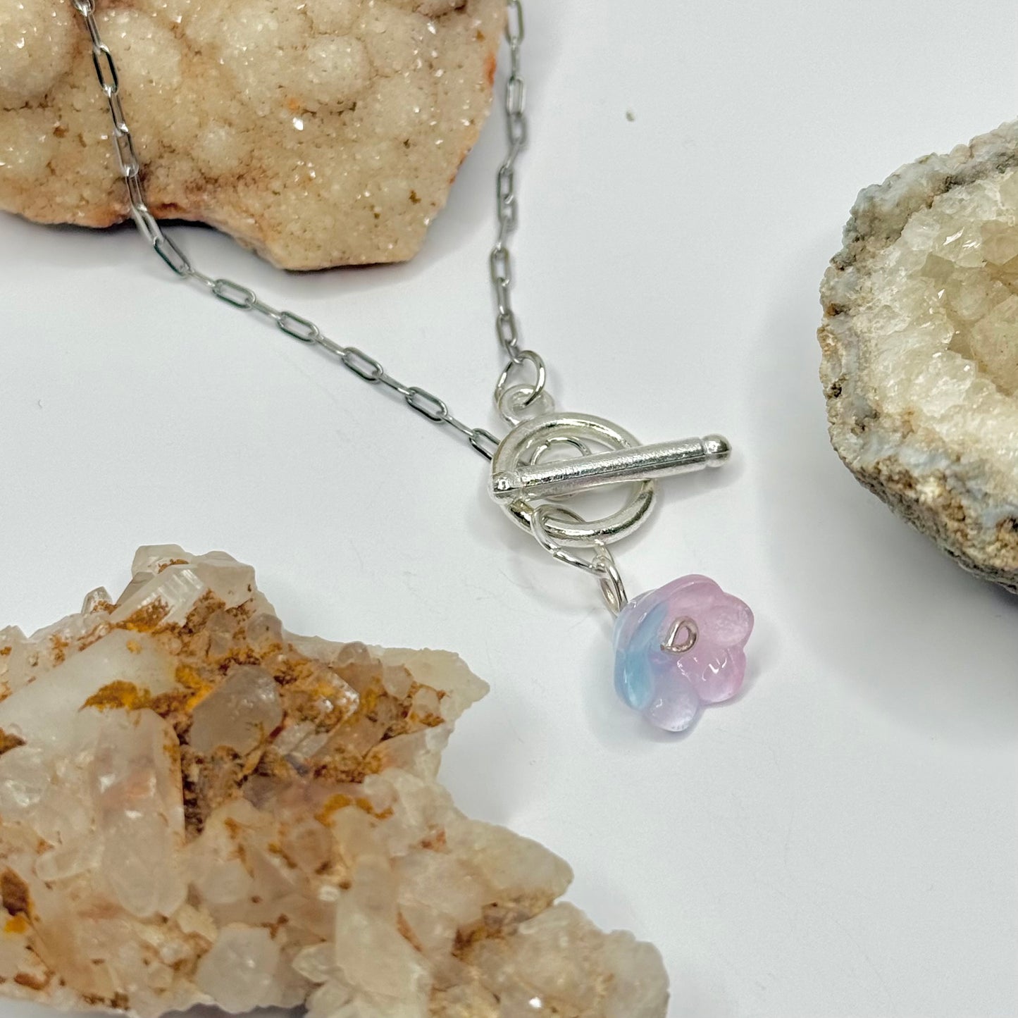 Silver Blue and Pink Flower Toggle Necklace