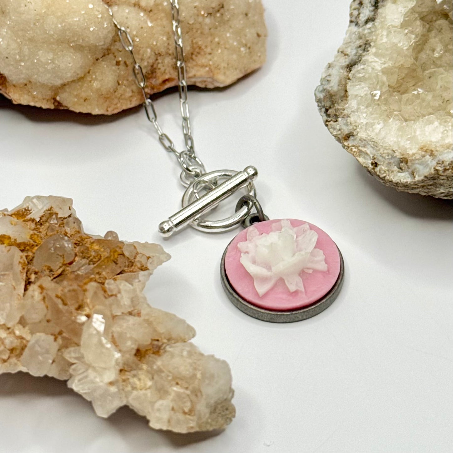 Silver Pink Flower Charm Toggle Necklace