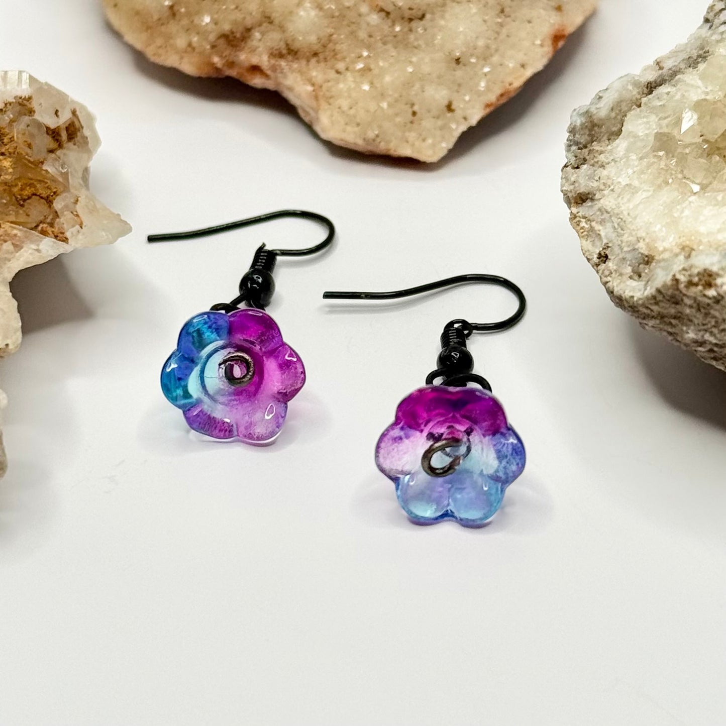 Charcoal Blue and Magenta Flower Earrings