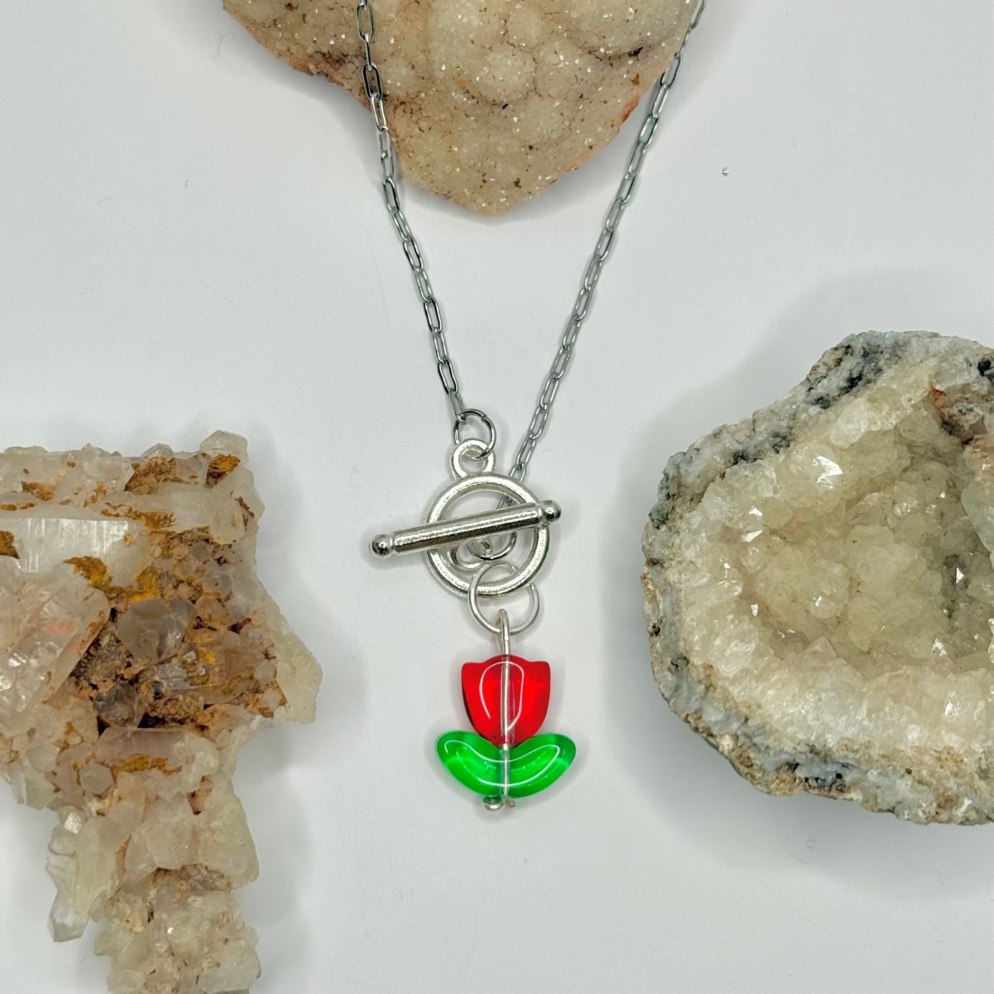 Silver Red Tulip Toggle Necklace