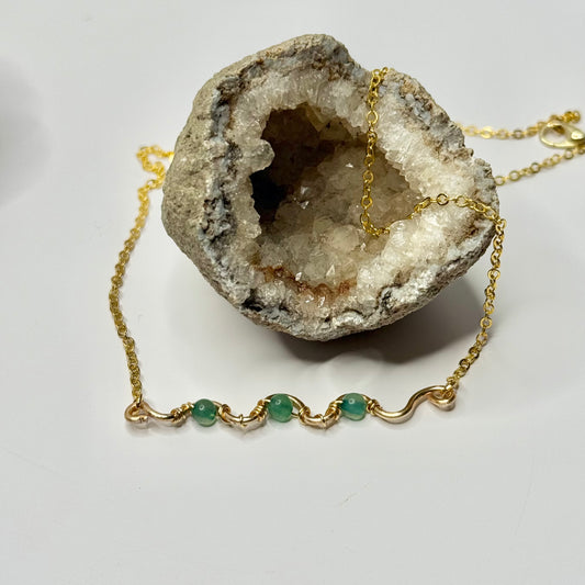 Gold Green Dyed Quartz Wavy Bar Necklace