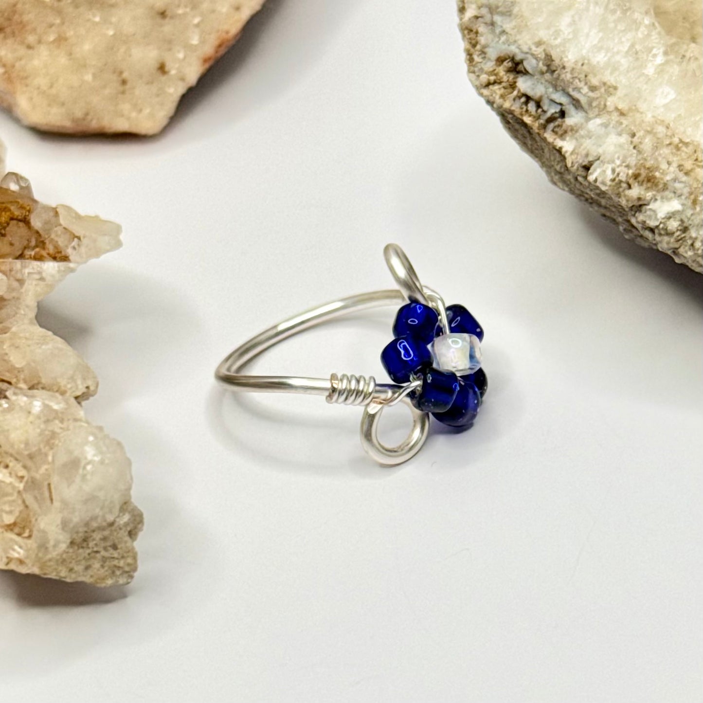 Silver Dark Blue Flower Ring