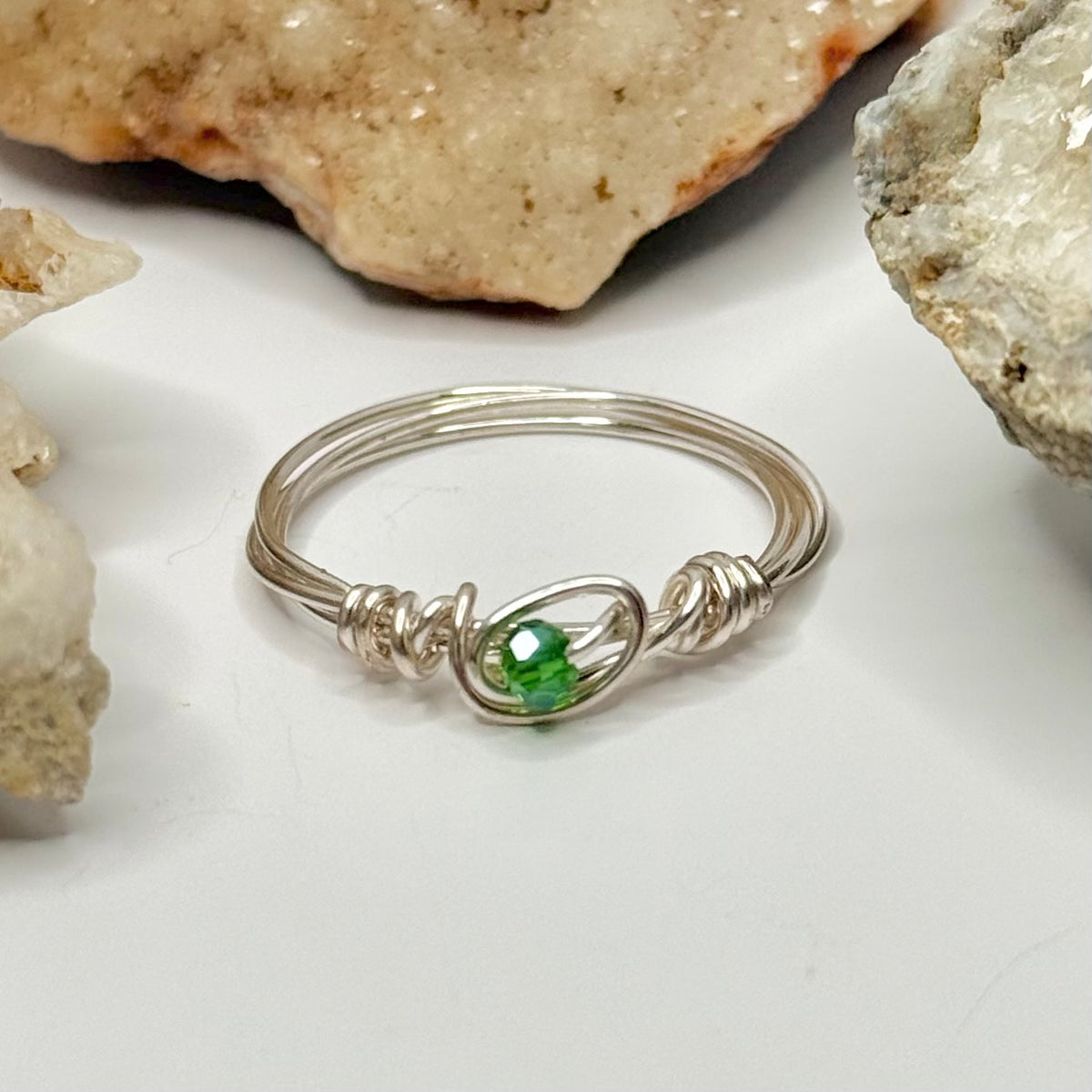 Silver Green Beaded Ring