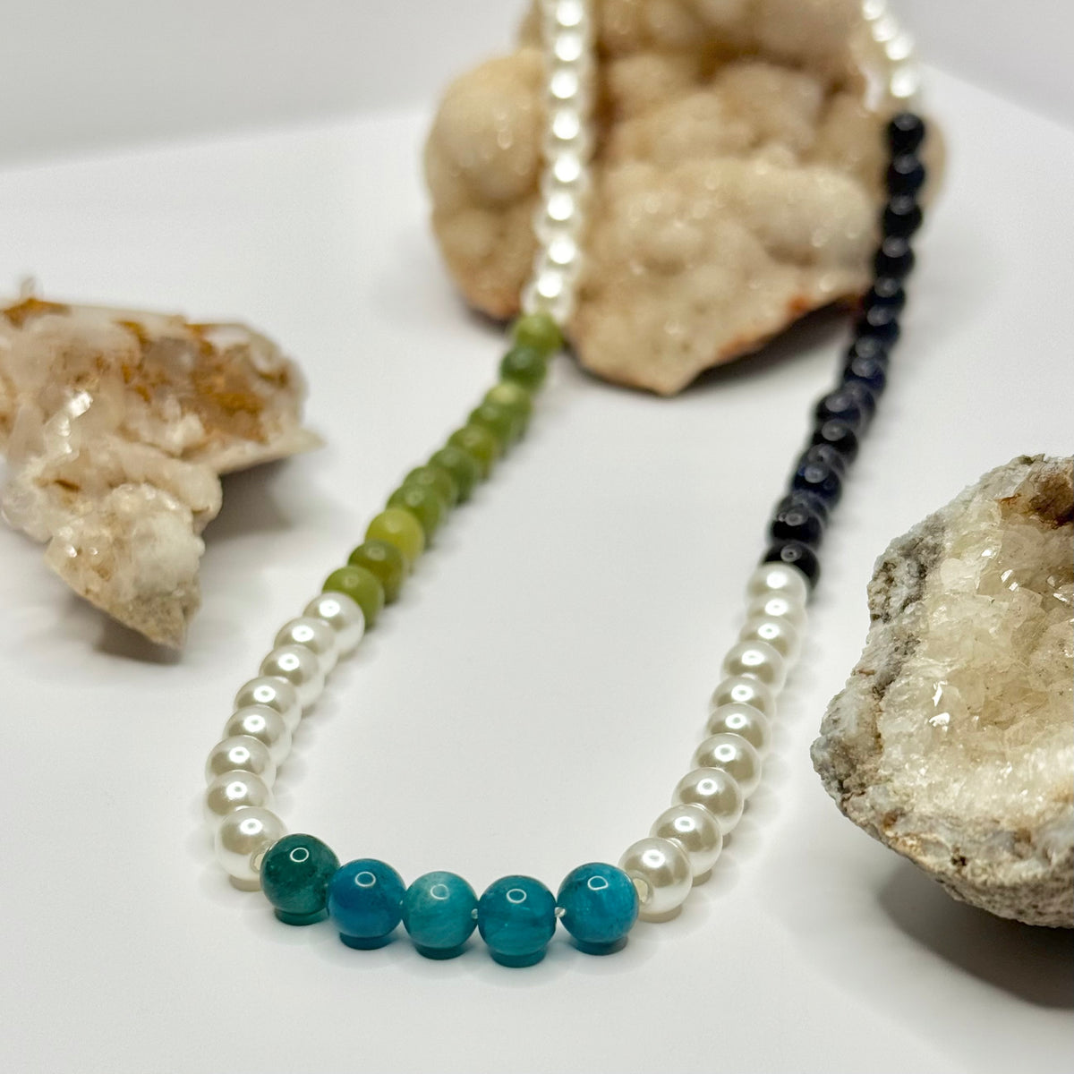 Blue Apatite, Jade, and Blue Goldstone Beaded Necklace