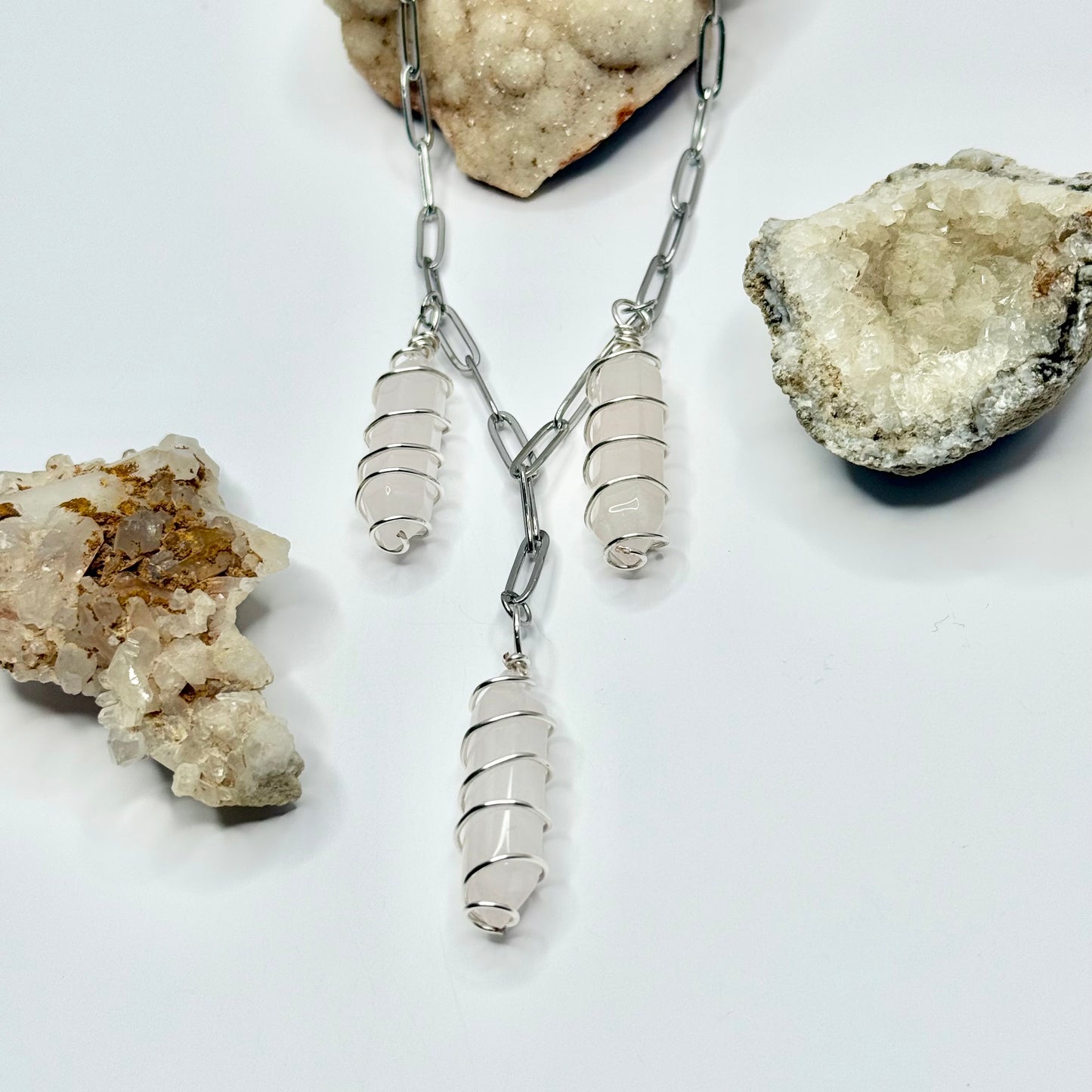 Silver Rose Quartz Crystal Paperclip Necklace