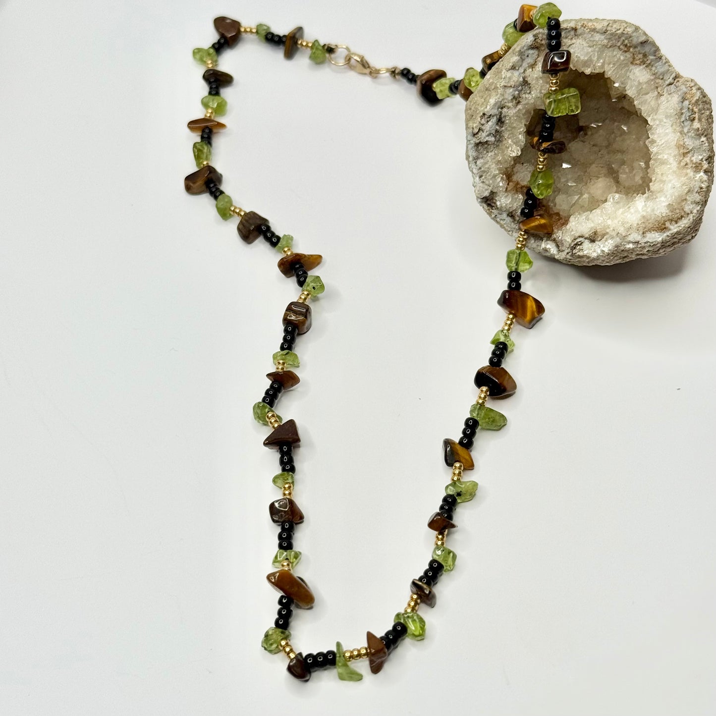 Gold Beaded Tigers Eye and Peridot Necklace