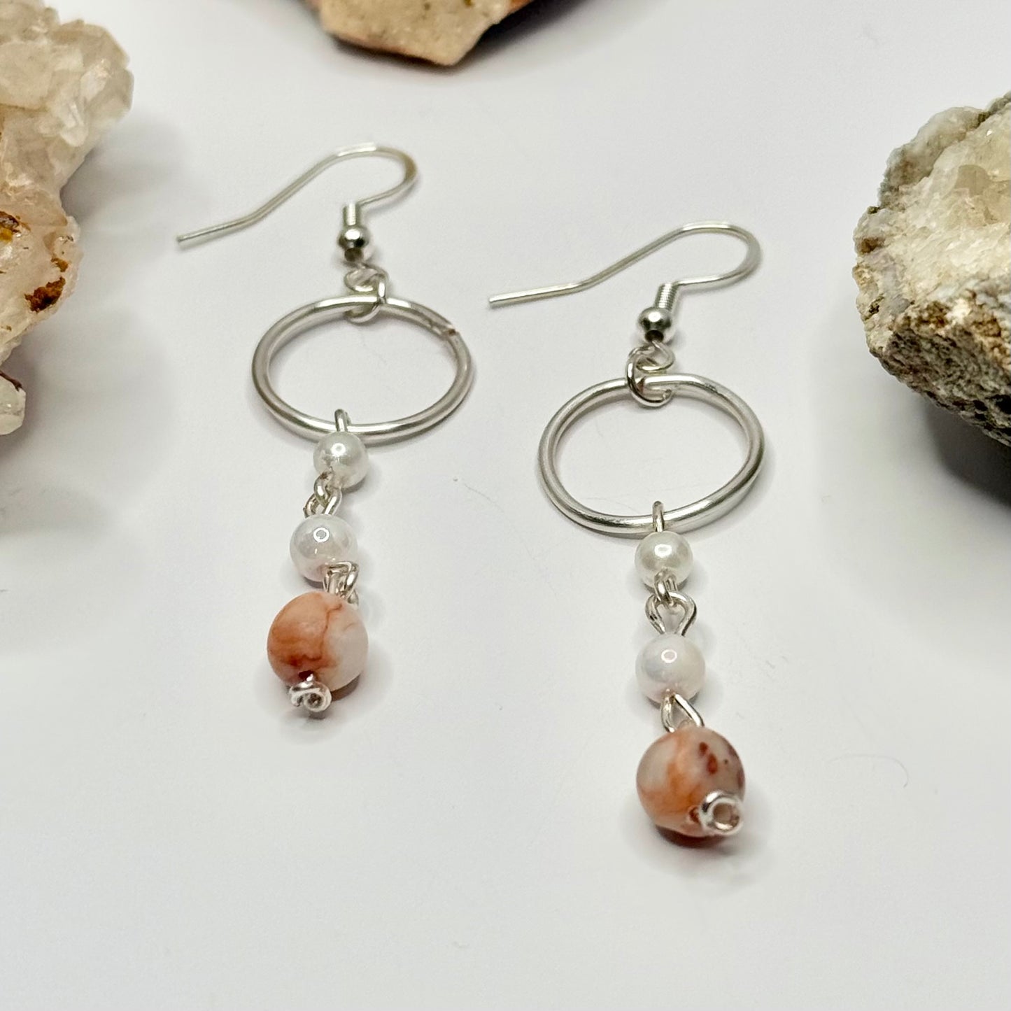 Sterling Silver Red Vein Jasper and Pearl Dangles