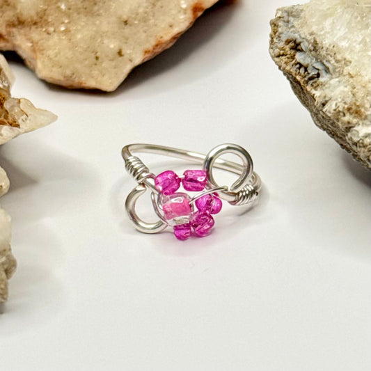 Silver Pink Flower Ring