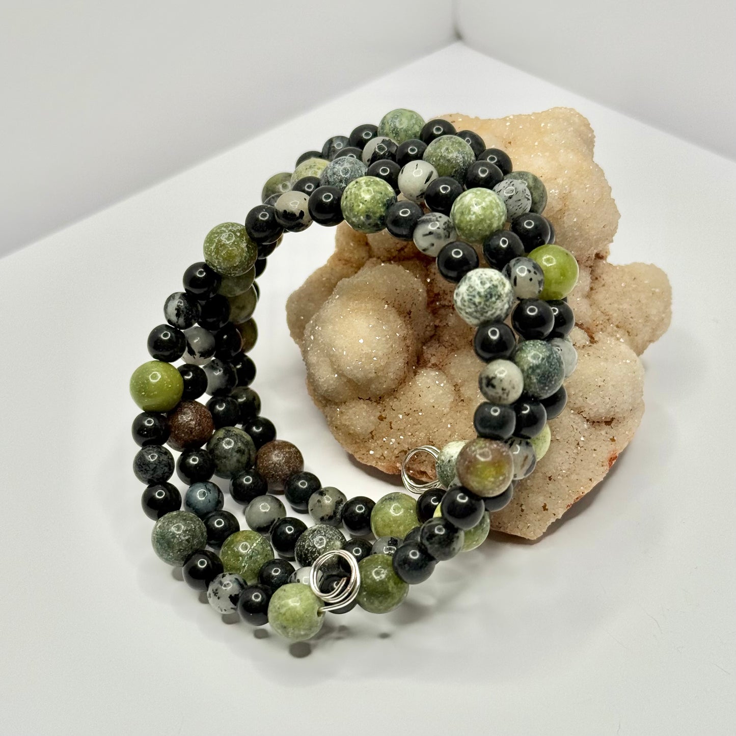 Dendritic Agate, Hematite, and Serpentine Wrap Bracelet