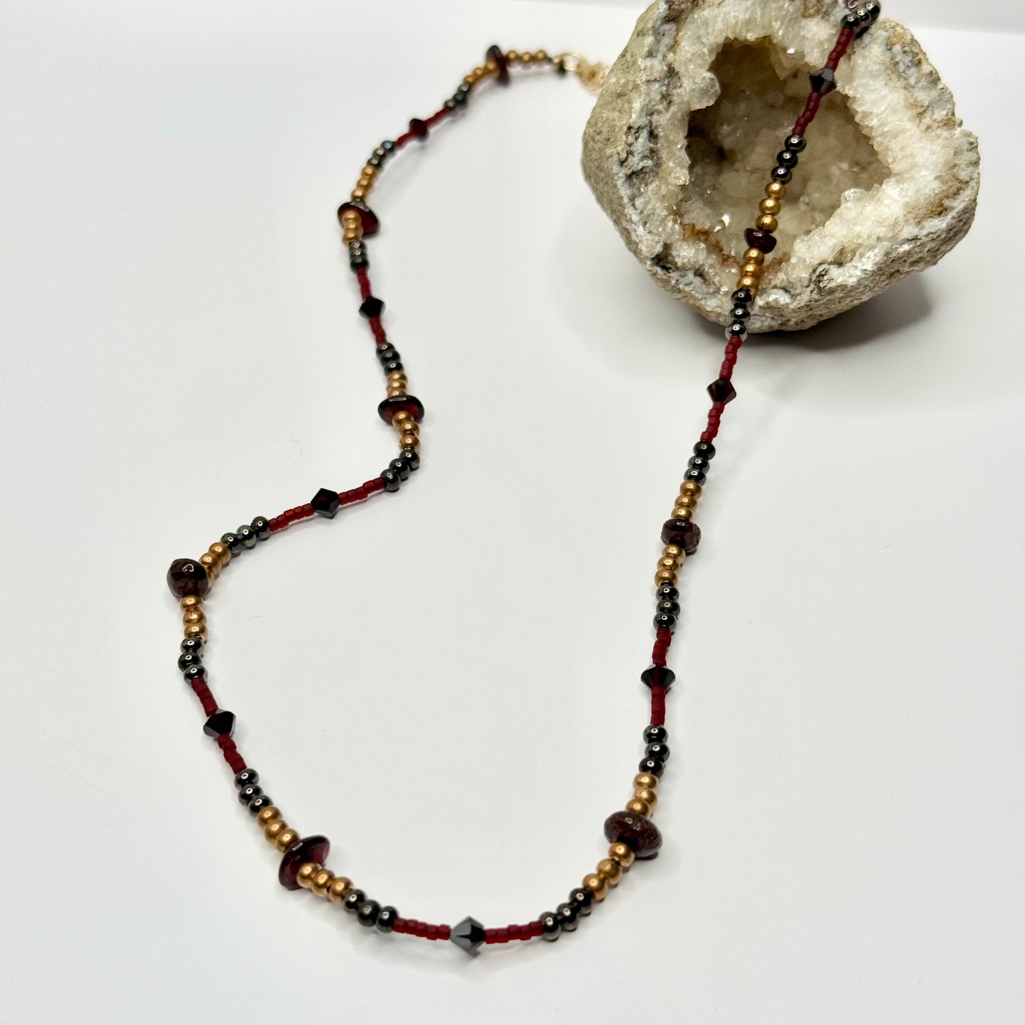 Gold Beaded Garnet Necklace