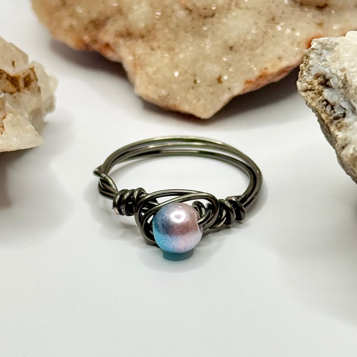 Charcoal Pink-Blue Beaded Ring