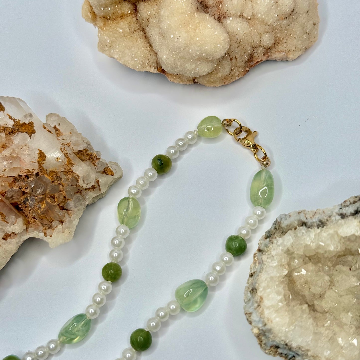 Gold Jade and Prehnite Beaded Necklace