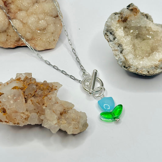 Silver Light Blue Tulip Toggle Necklace