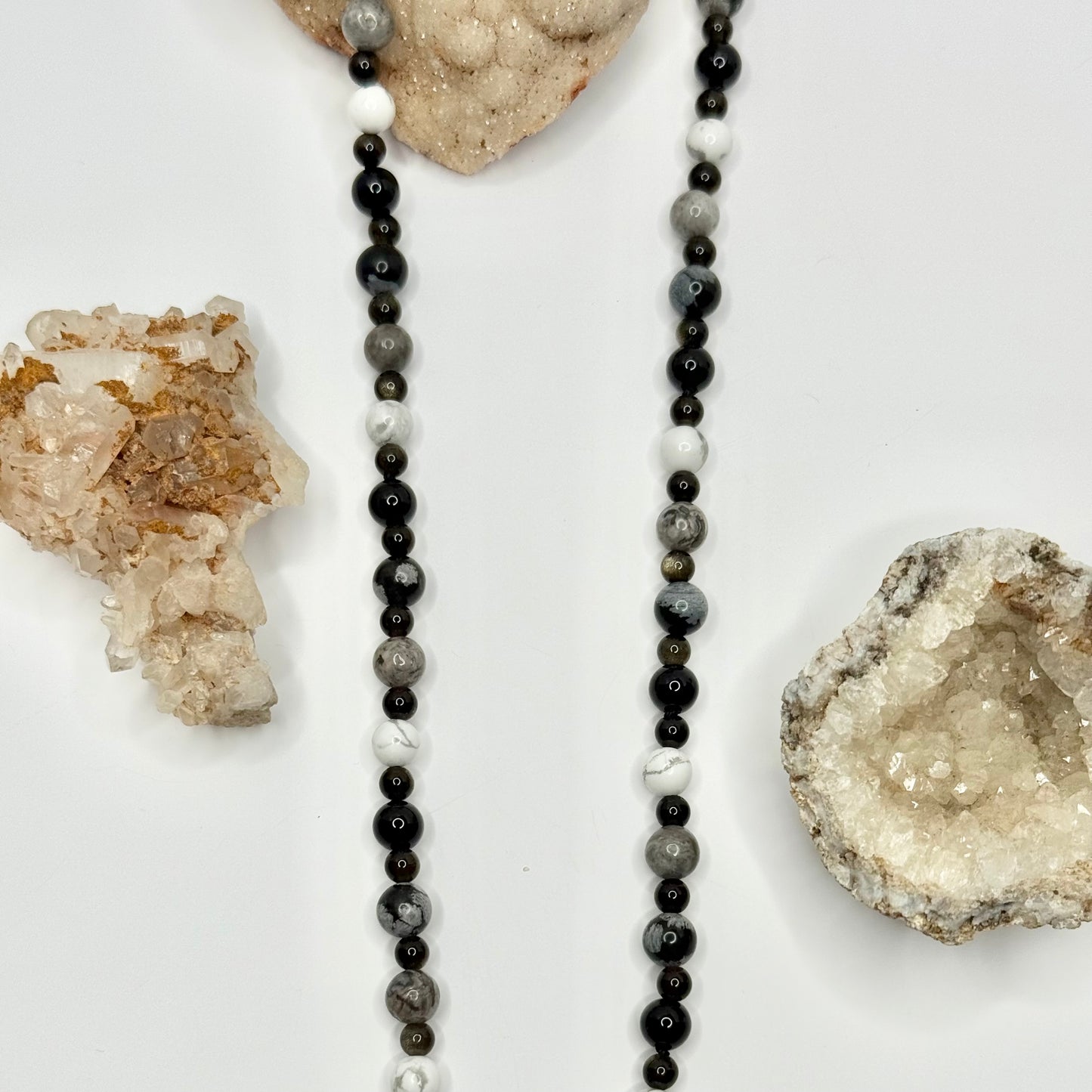 Sterling Silver Black, Gray, and White Beaded Necklace