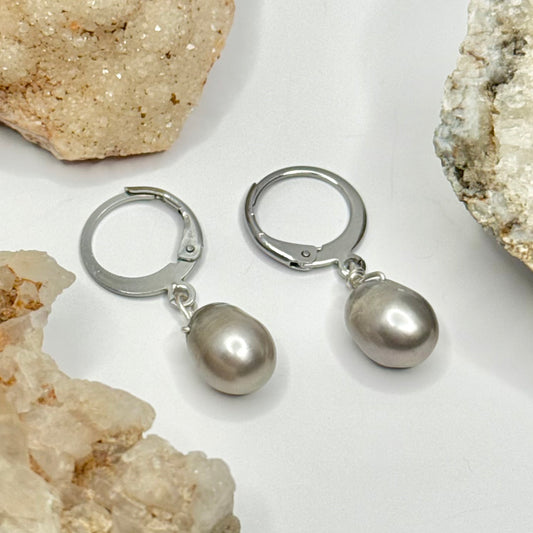 Steel Pearl Huggie Earrings