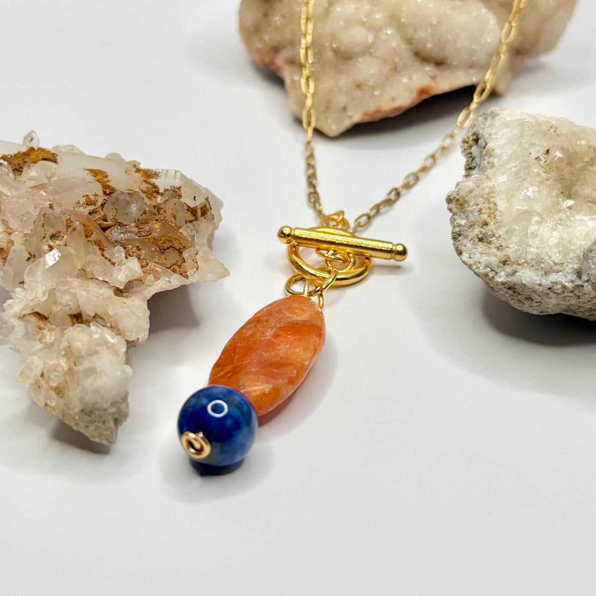 Gold Orange Calcite and Lapis Toggle Necklace