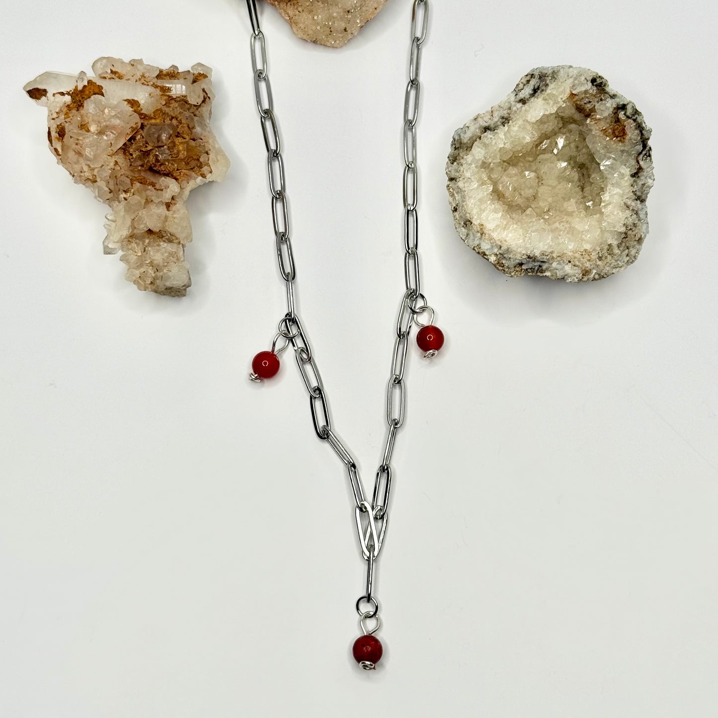 Silver Paperclip Carnelian and Red Jasper Necklace
