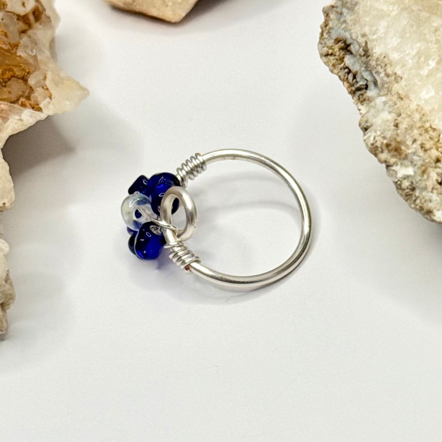 Silver Dark Blue Flower Ring
