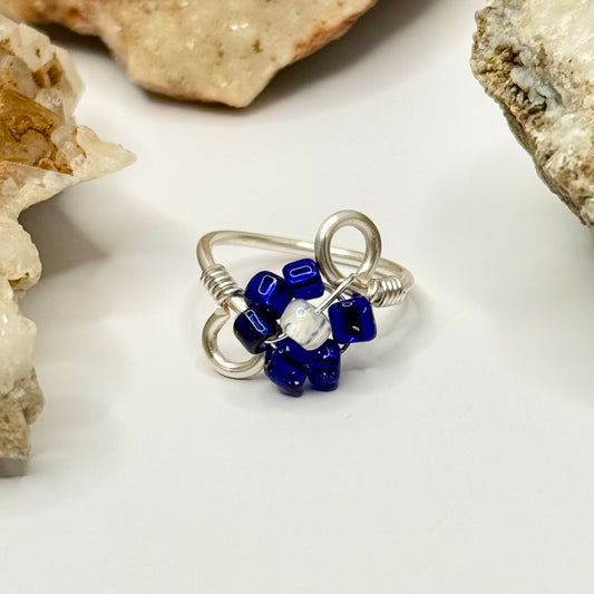 Silver Dark Blue Flower Ring