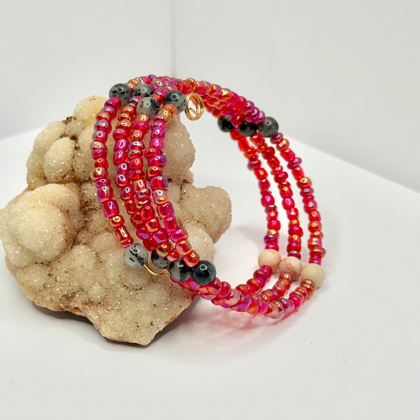 Beaded Dendritic Agate and Red Vein Jasper Bracelet