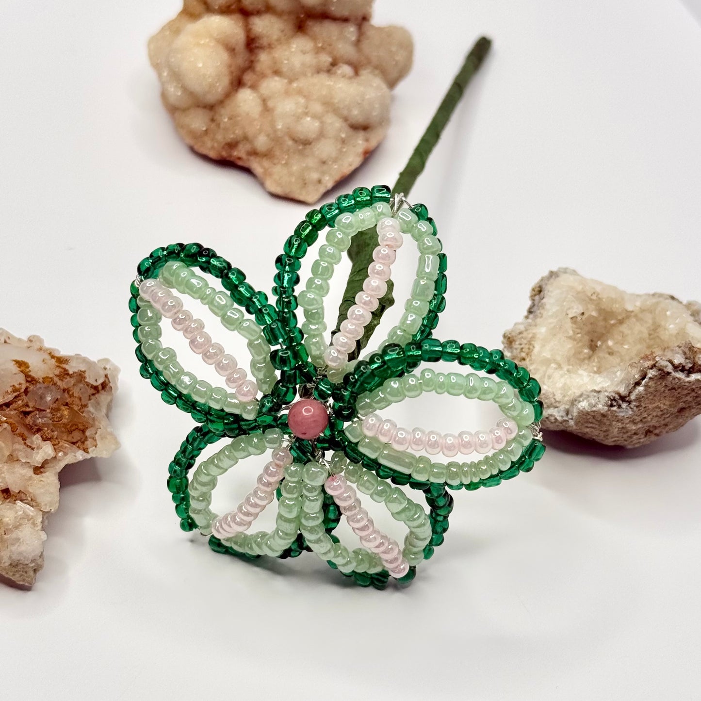 Green and Pink Beaded Flower Stake
