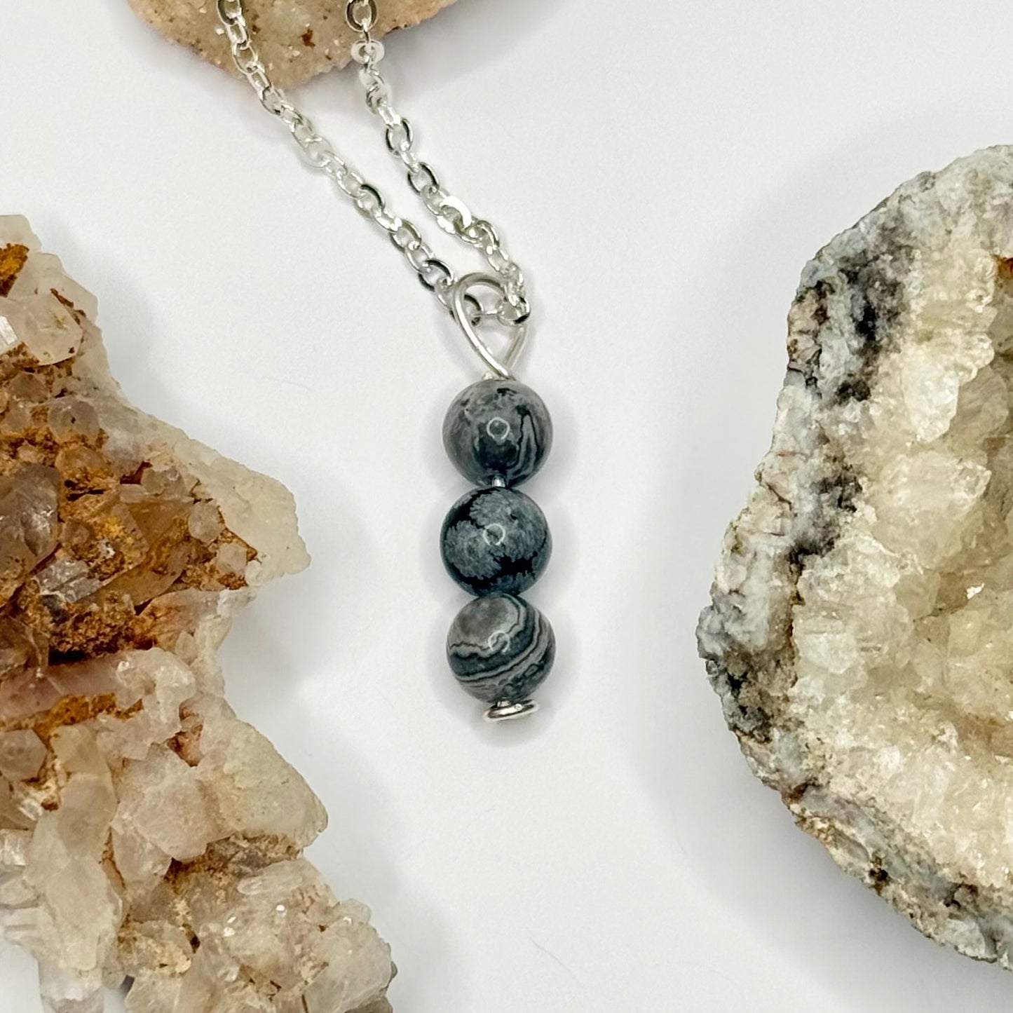 Silver Snowflake Obsidian and Crazy Lace Agate Necklace