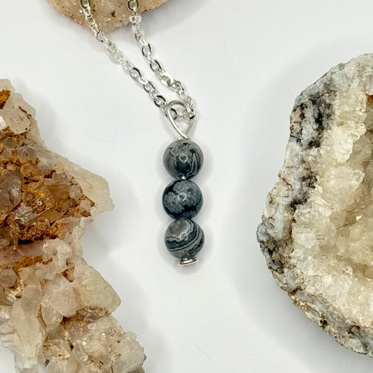 Silver Snowflake Obsidian and Crazy Lace Agate Necklace