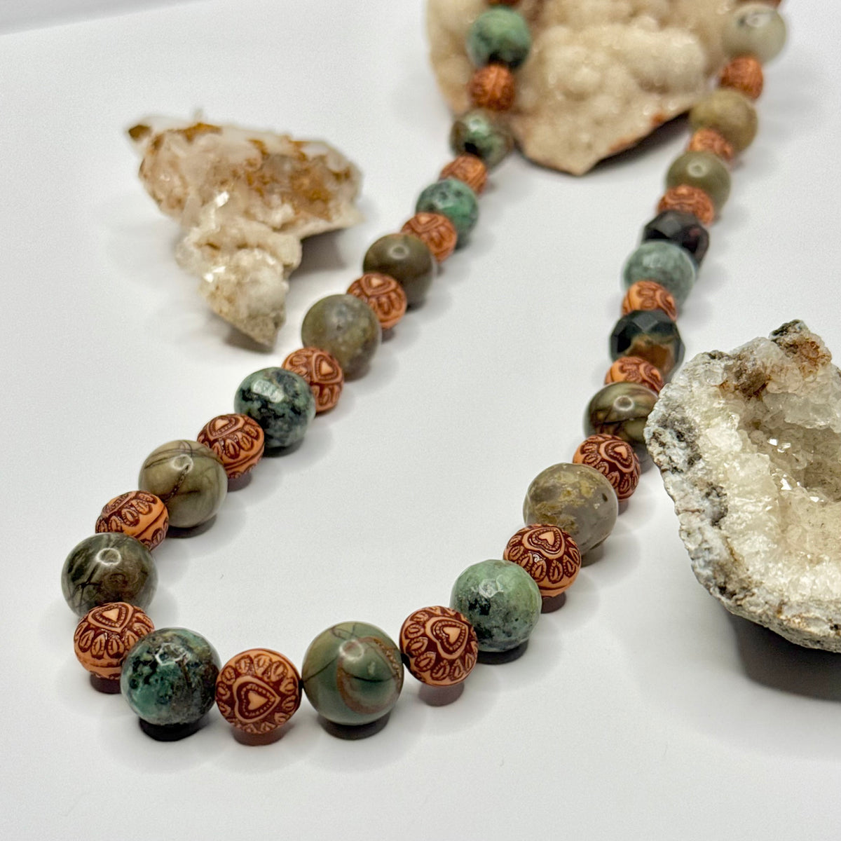Jasper and Wood Heart Beaded Necklace
