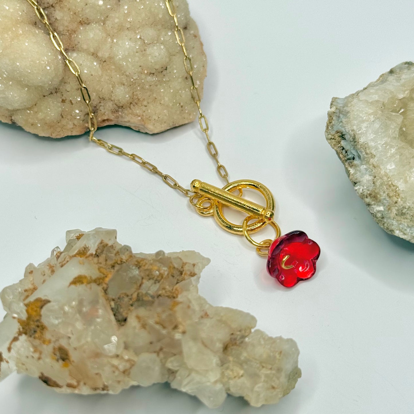 Gold Red Flower Toggle Necklace
