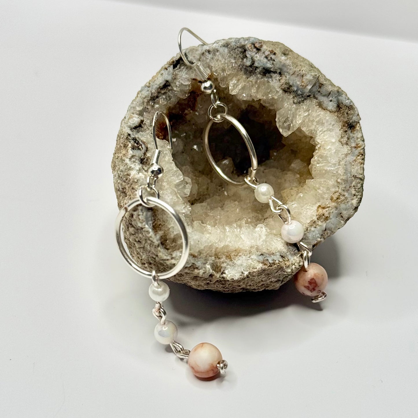 Sterling Silver Red Vein Jasper and Pearl Dangles
