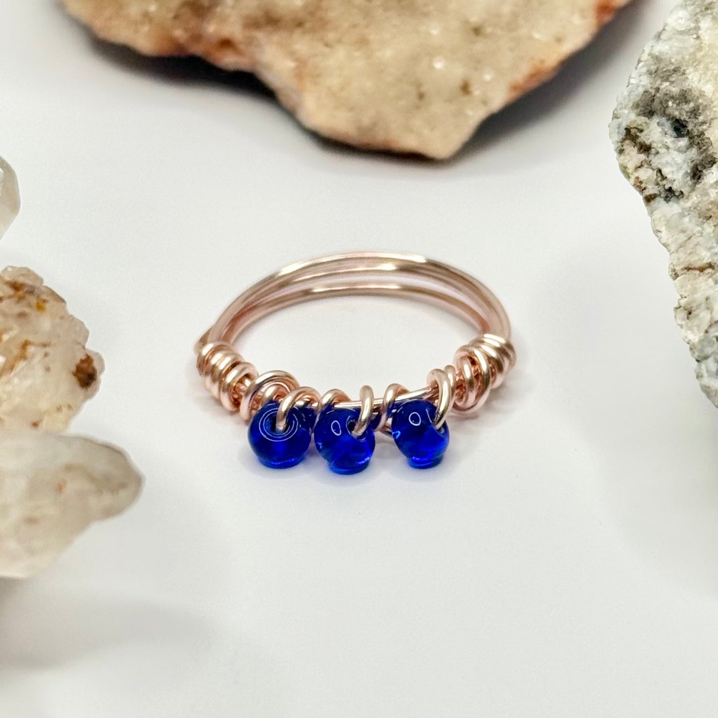 Rose Gold Blue Beaded Ring