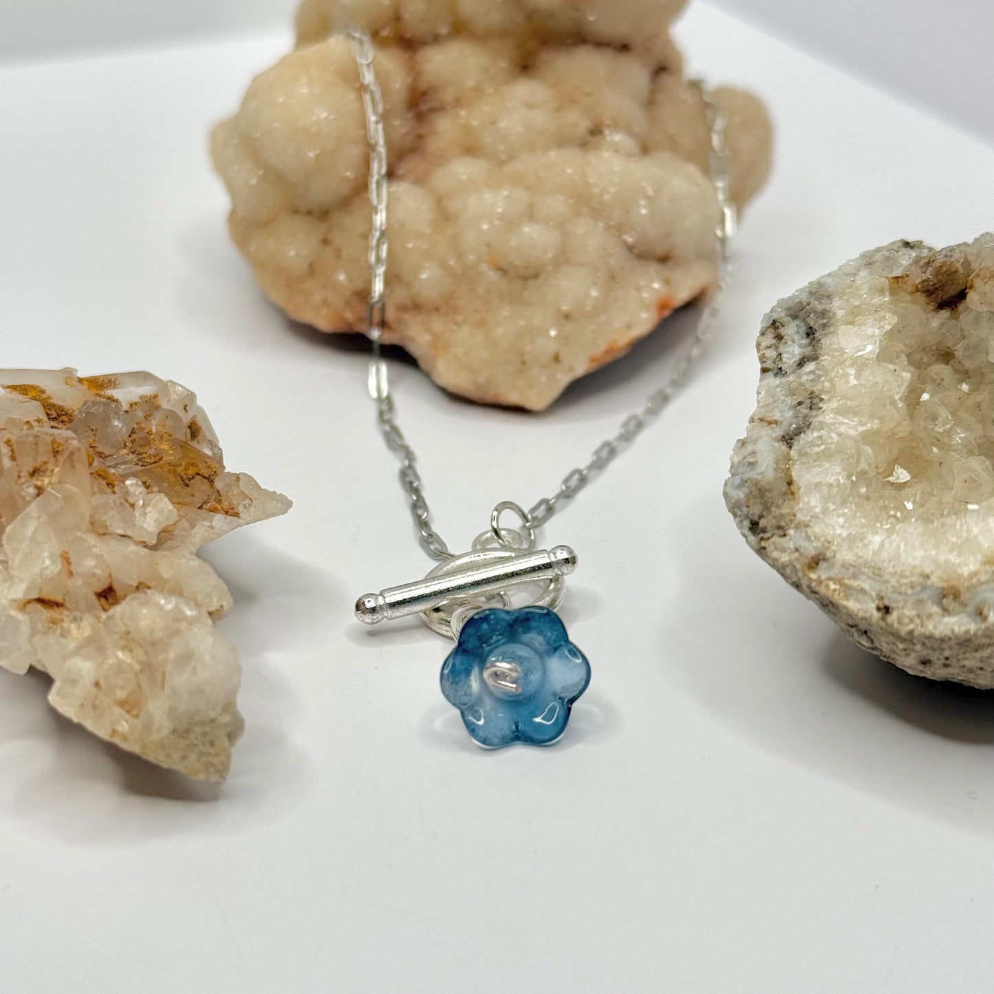 Silver Dark Blue Flower Toggle Necklace