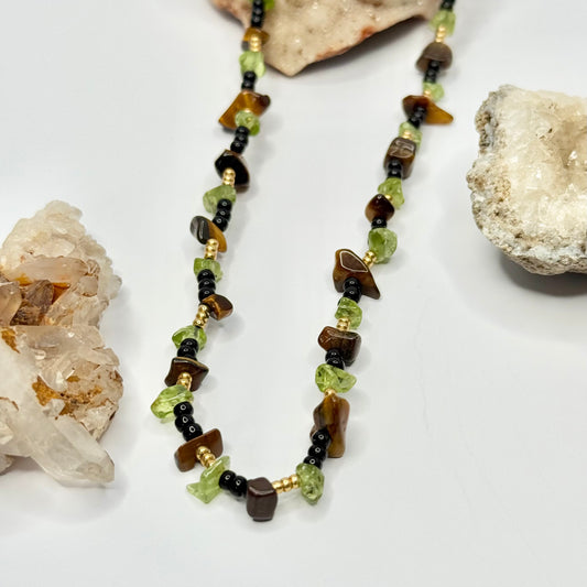 Gold Beaded Tigers Eye and Peridot Necklace