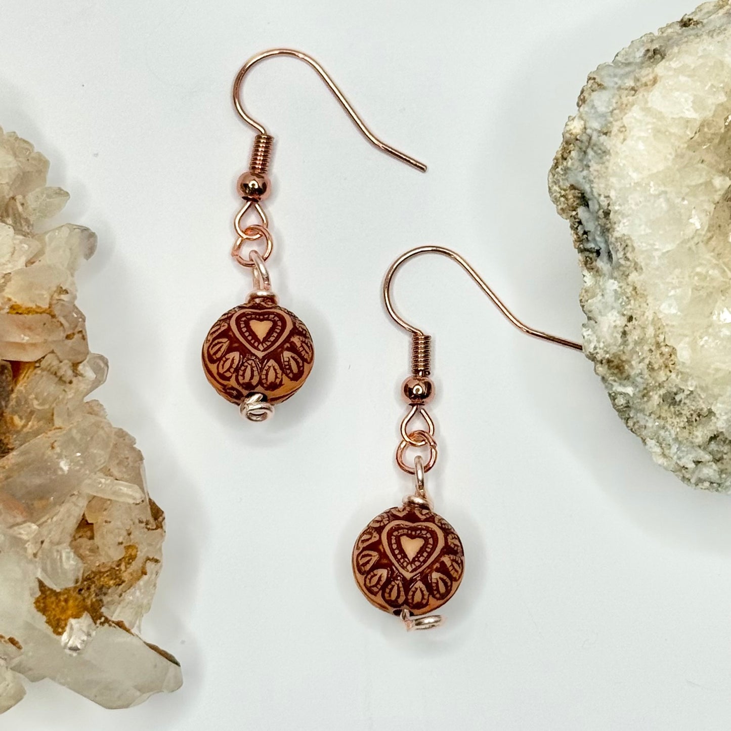 Rose Gold Wooden Heart Earrings