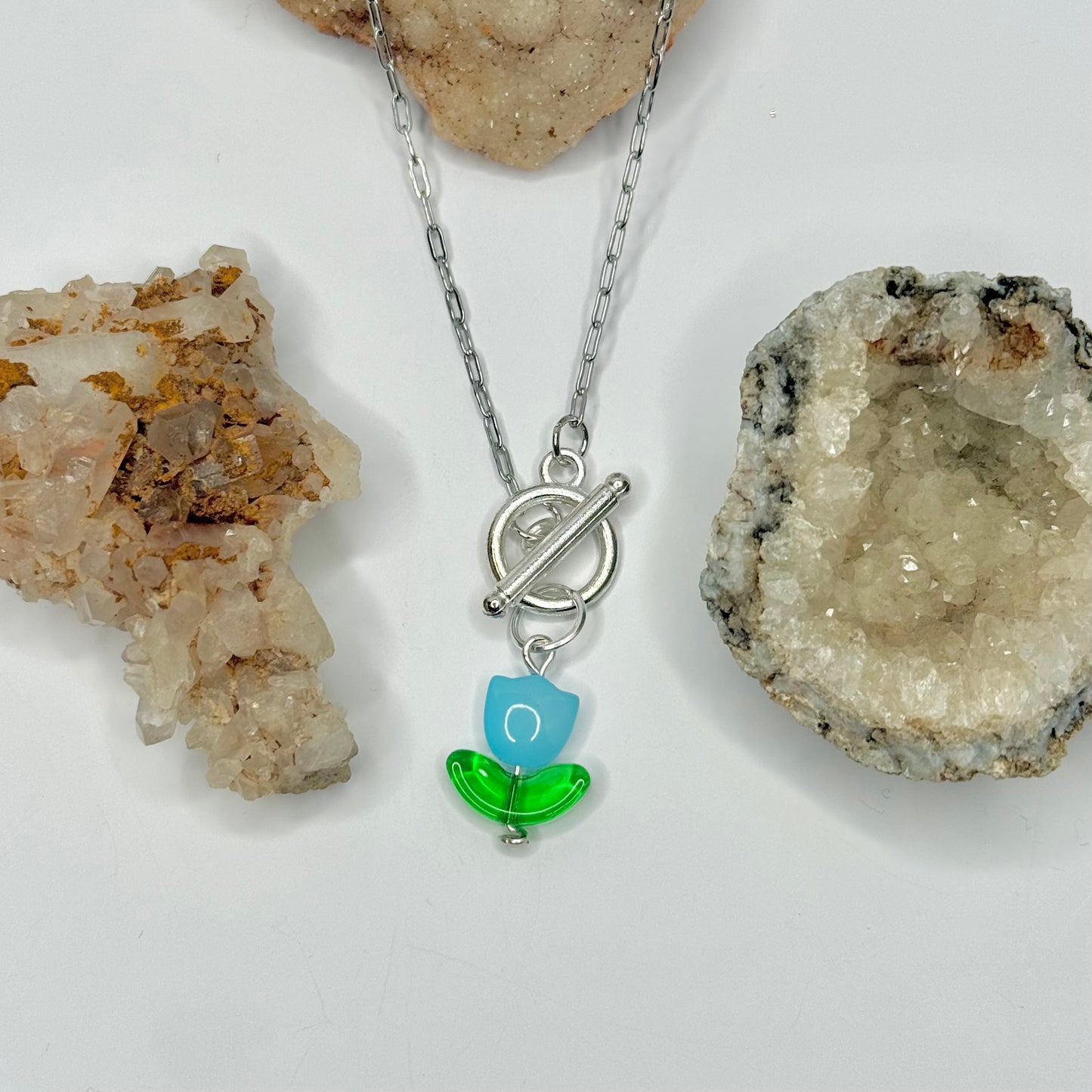 Silver Light Blue Tulip Toggle Necklace