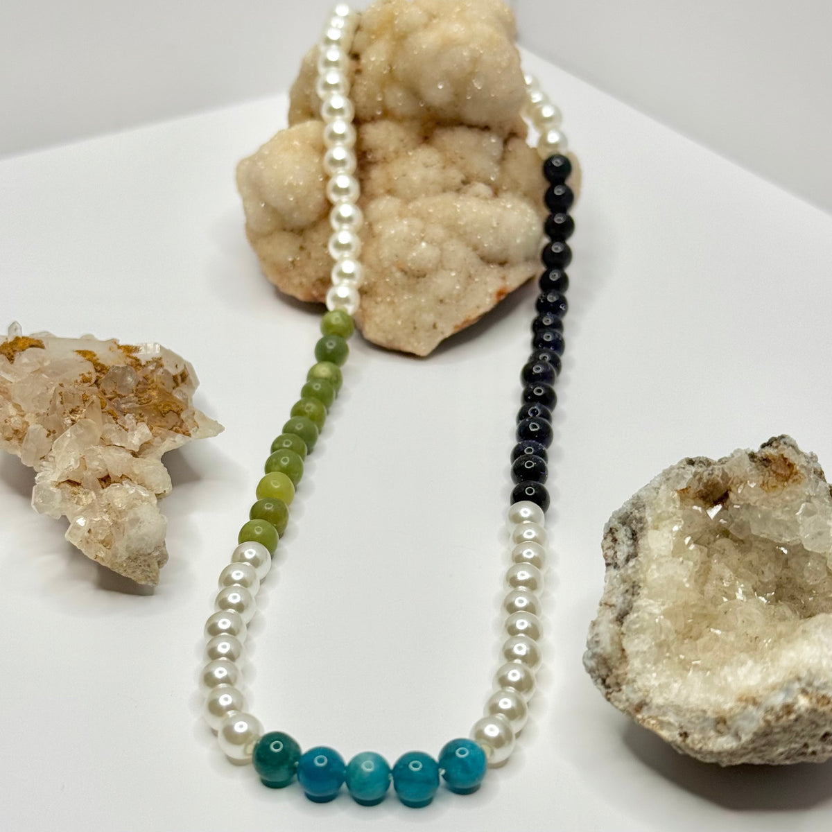 Blue Apatite, Jade, and Blue Goldstone Beaded Necklace