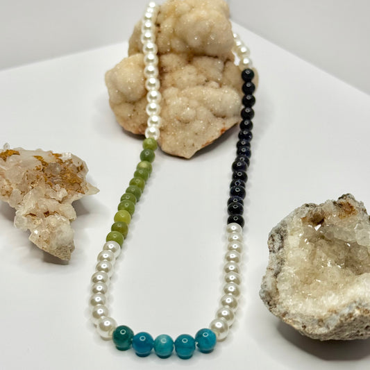 Blue Apatite, Jade, and Blue Goldstone Beaded Necklace