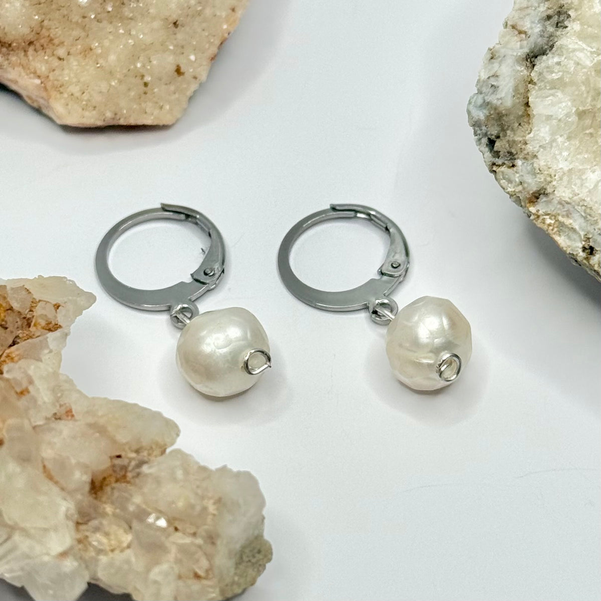 Steel Pearl Huggie Earrings