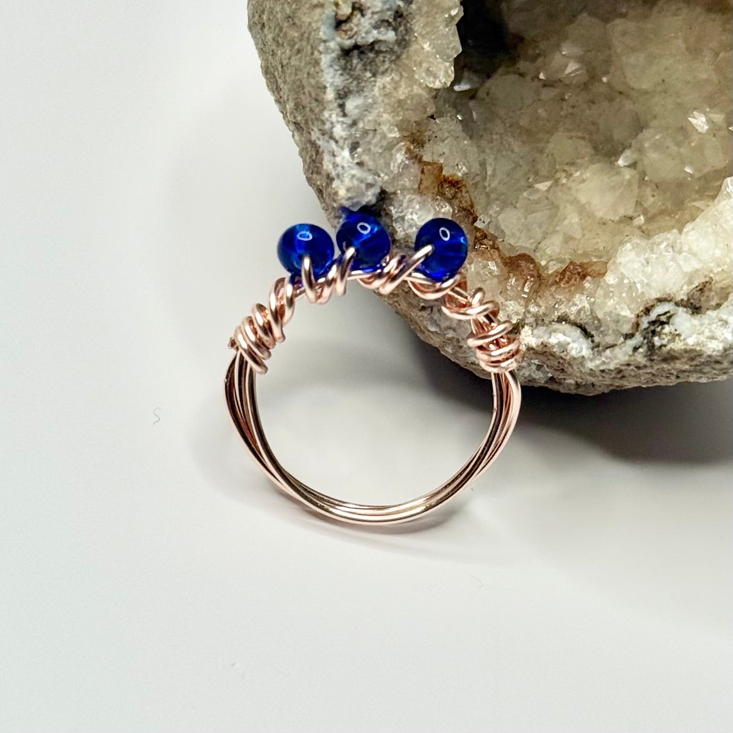 Rose Gold Blue Beaded Ring