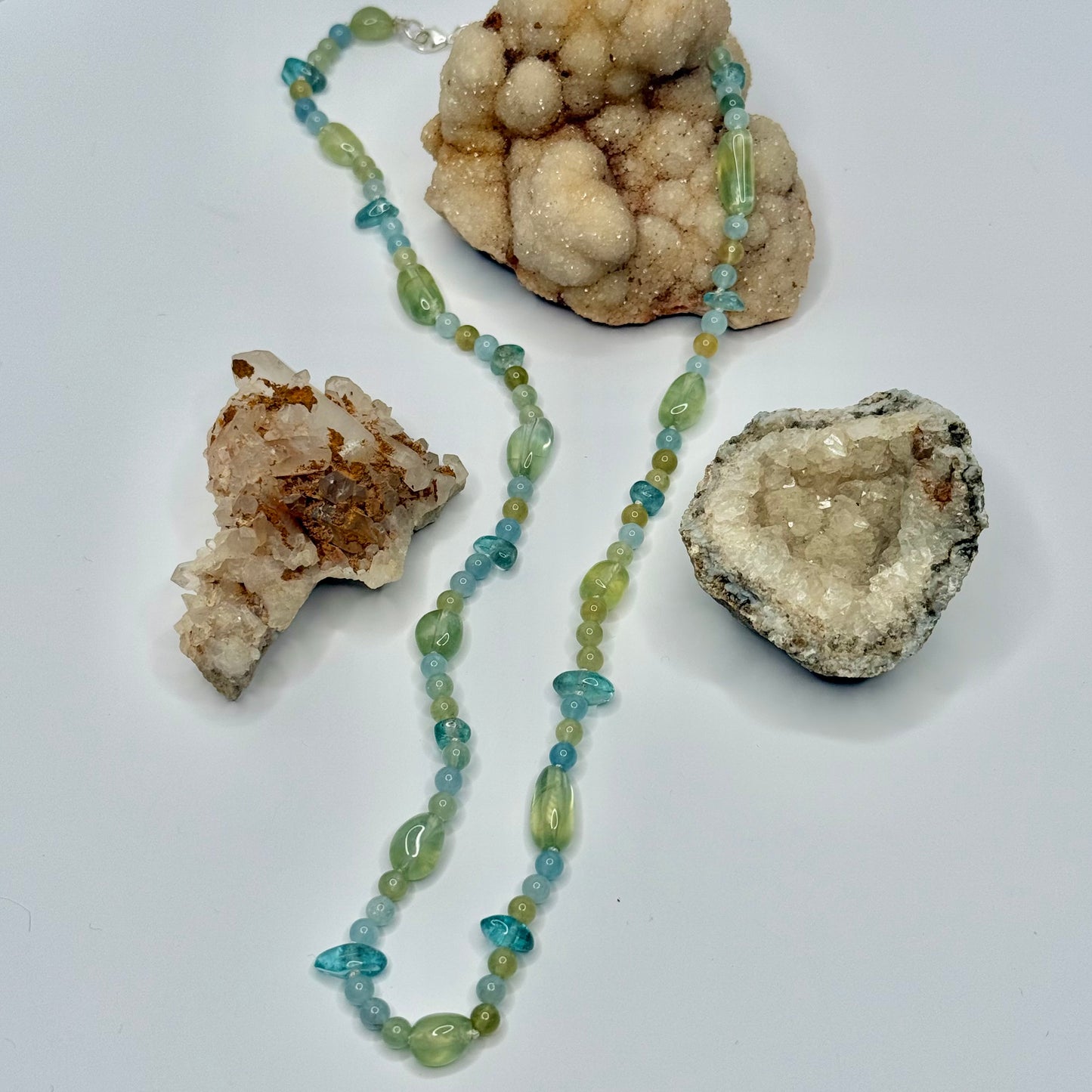 Sterling Silver Calcite, Aquamarine, and Prehnite Beaded Necklace