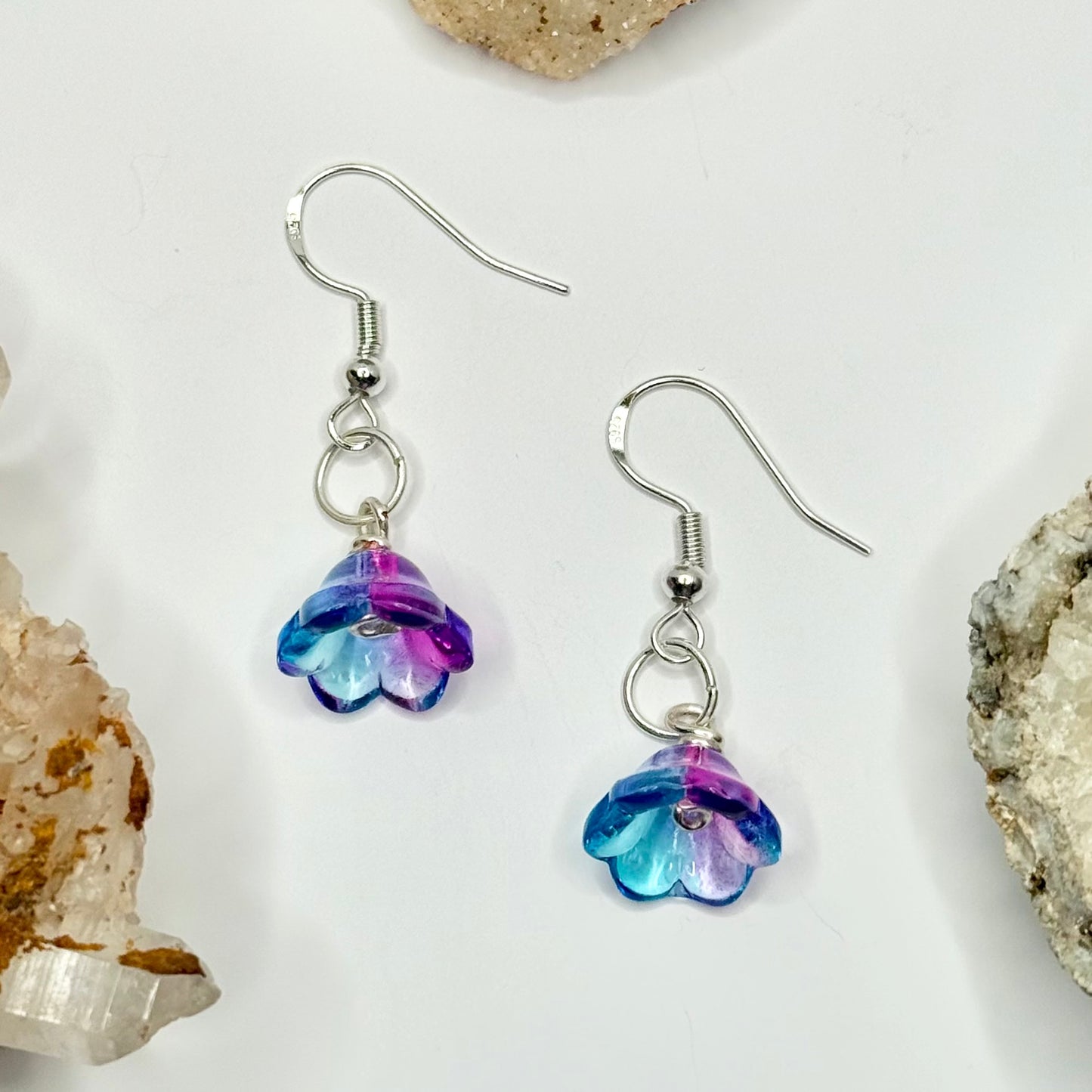 Sterling Silver Blue, Pink, and Purple Flower Earrings