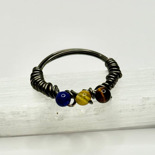 Charcoal Lapis, Yellow Jade, and Tigers Eye Ring