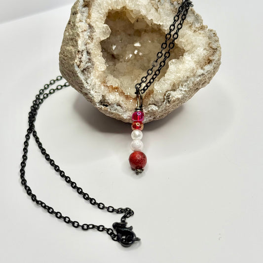 Charcoal Red Coral and Foe Pearl Necklace