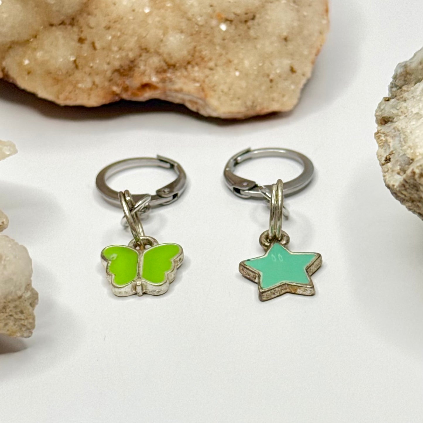 Silver Star and Butterfly Charm Huggie Earrings