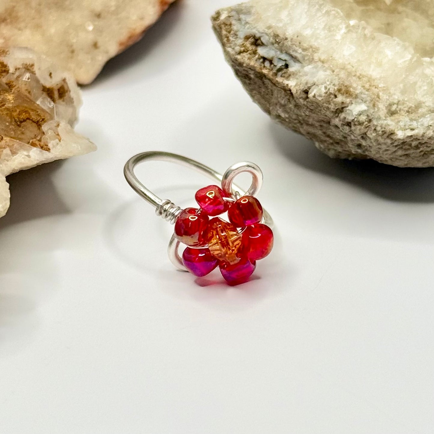 Silver Red Flower Ring