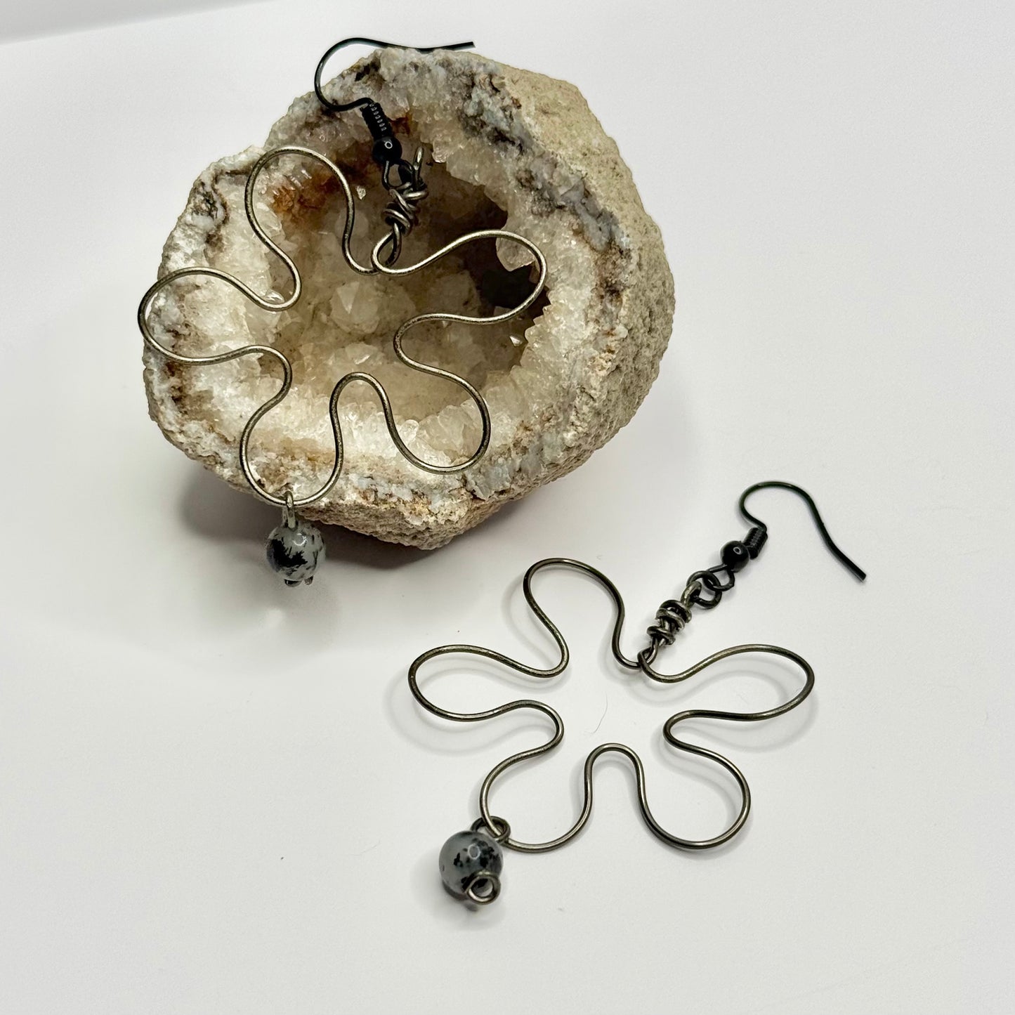 Charcoal Dendritic Agate Flower Earrings